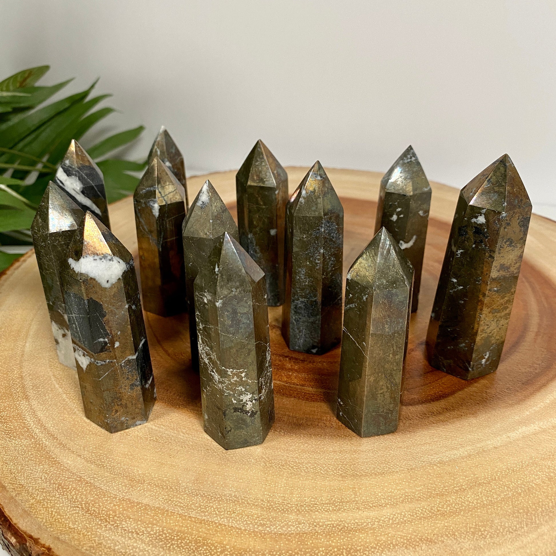 Natural Polished Milky Pyrite Tower With Quartz For Meditation, Crystal Grids, Healing, Reiki Chakra, Altar and Decor, Wand, Generator