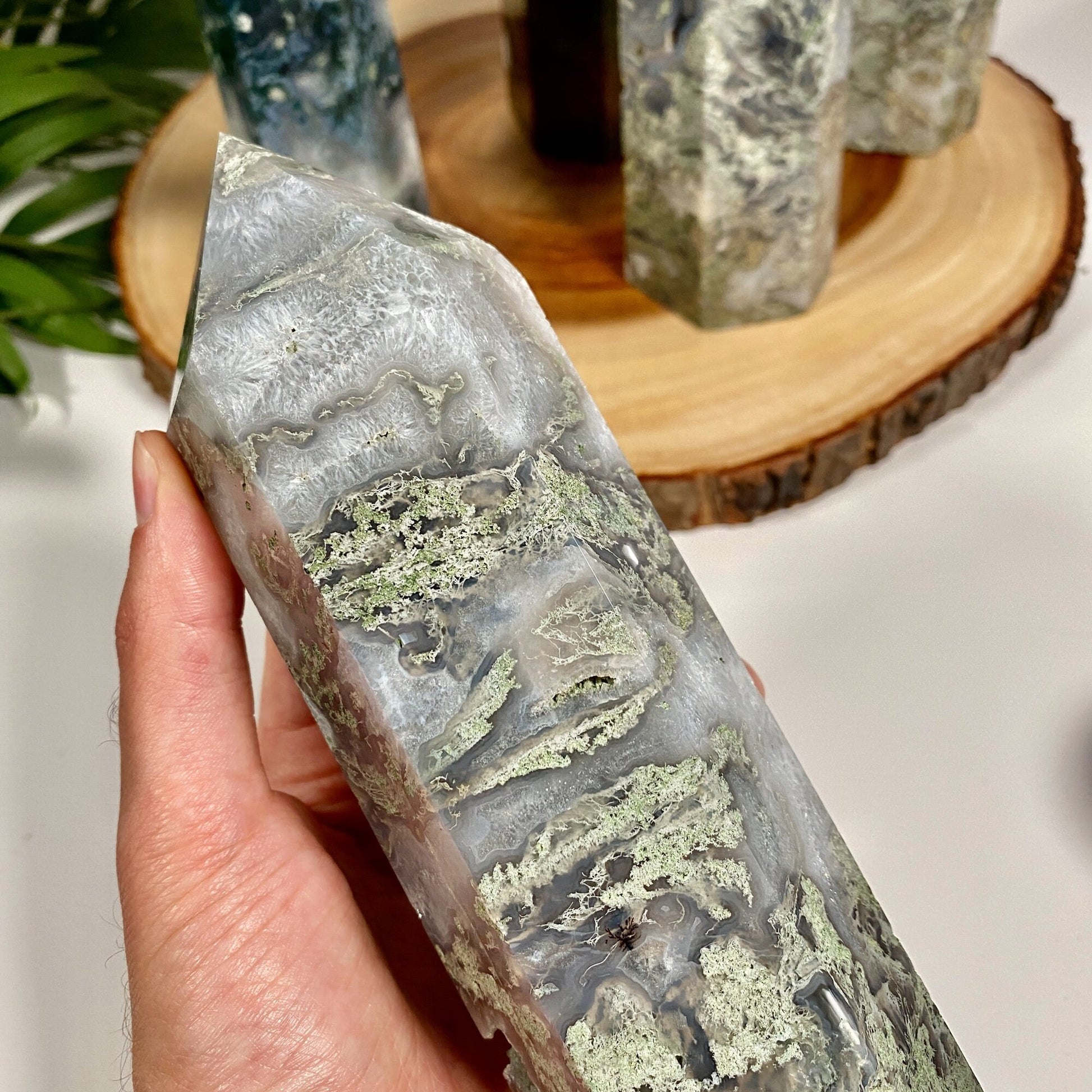Natural Polished Moss Agate Tower for Mediation, Crystal Grids, Healing, Reiki Chakra, Altars, Decor, Wand, Energy Generator
